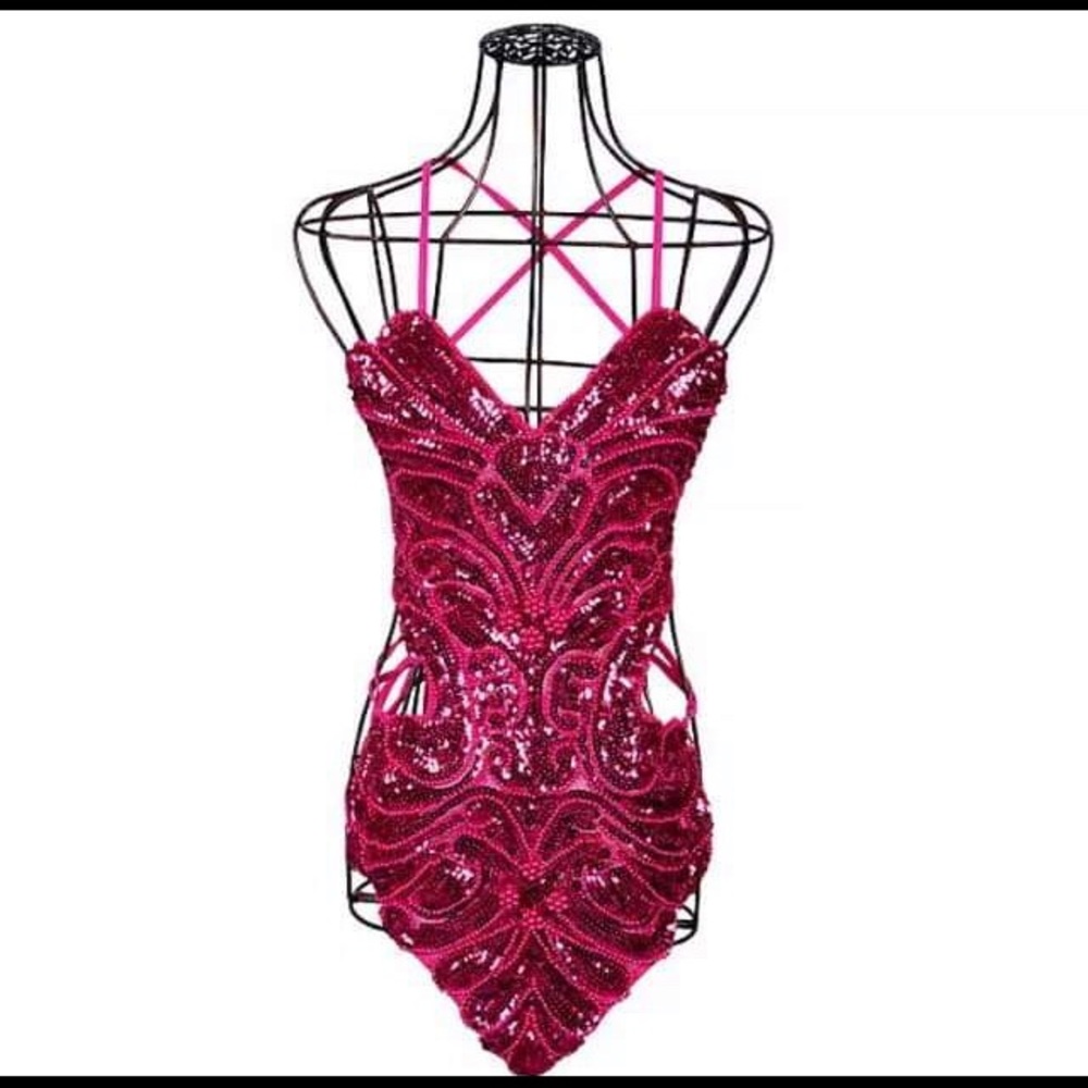 Brand new  fuchsia beaded lace up bib top one size